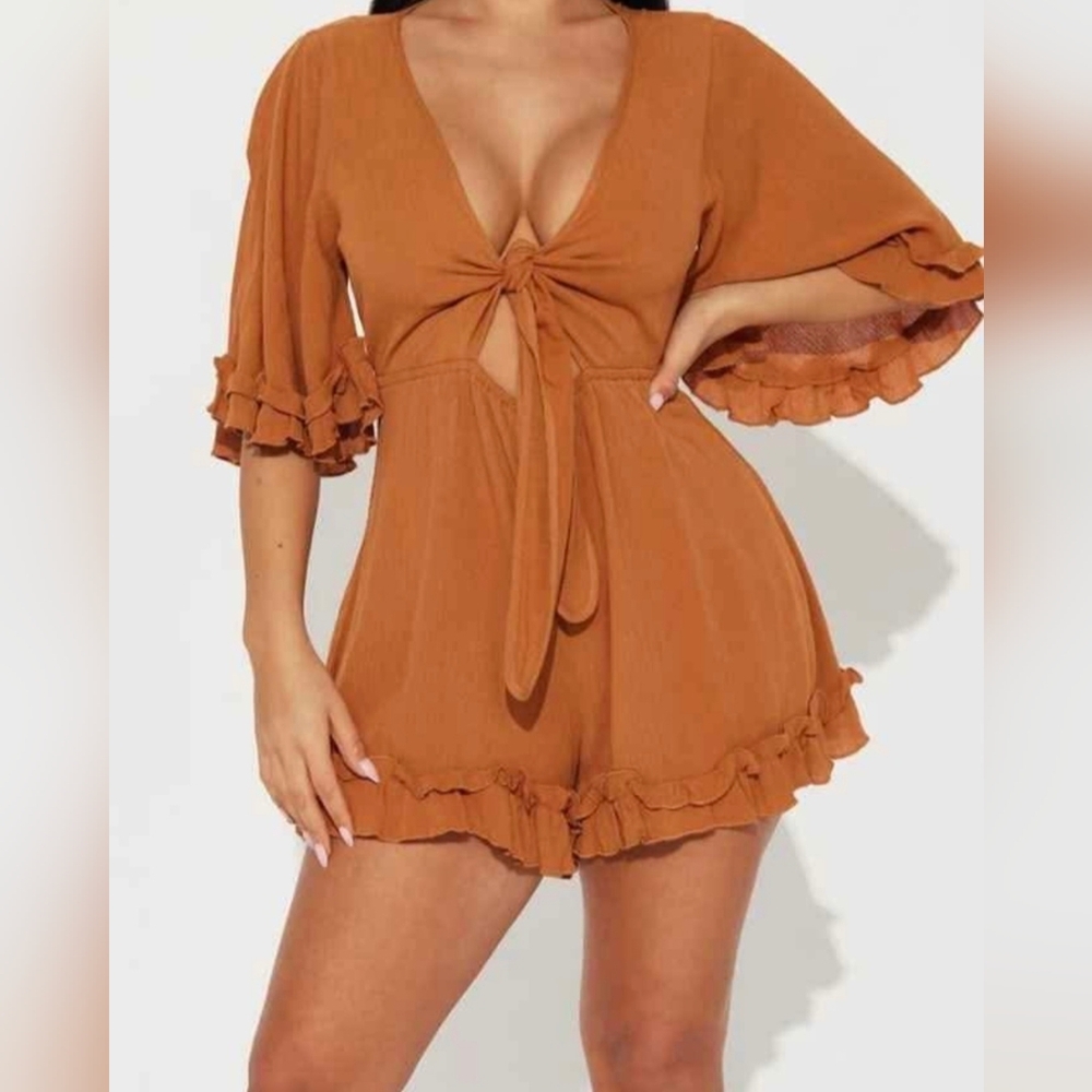 Fashion Nova Rust Tie-Front Ruffle Romper
